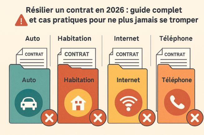 Illustration : résiliation de contrat en 2026 (assurance, téléphonie, énergie, mutuelle)